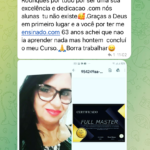 Print de mensagem de WhatsApp da aluna Milva Pedroso de Moura, de 63 anos, agradecendo por ter concluído o curso, com selfie dela e o certificado digital Full Master anexados
