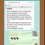 Print de conversa em grupo de WhatsApp com a aluna Taís Nascimento contando que era iniciante e conseguiu aprender, com fotos de trabalhos práticos de sobrancelha enviadas por outra colega do grupo