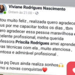 Print de post no Facebook da aluna Viviane Rodrigues Nascimento agradecendo à instrutora Priscila Rodrigues por ensinar novas técnicas
