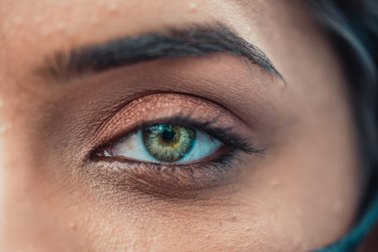 Brow lamination: close de sobrancelha escura, cheia e penteada, com fios organizados acima de olho verde