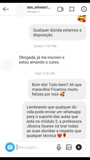 Print de conversa no Instagram: aluna comentando sobre o curso de sobrancelhas