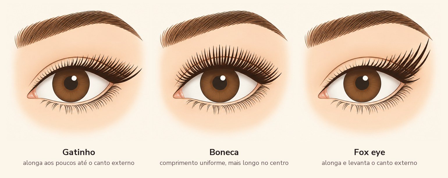 Ilustração comparando os três mappings de cílios: gatinho, boneca e fox eye