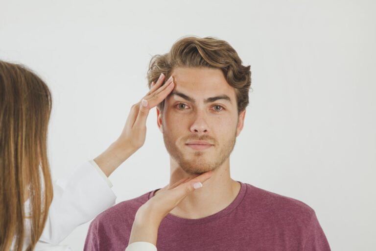 profissional avaliando o rosto e os lábios de um homem adulto antes da micropigmentação labial masculina