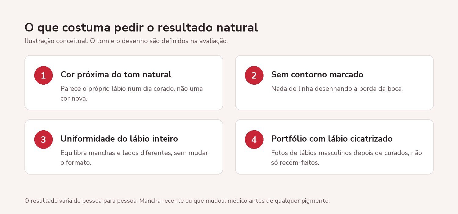 quadro do resultado natural na micropigmentação labial masculina: cor próxima do tom natural, sem contorno marcado e uniformidade